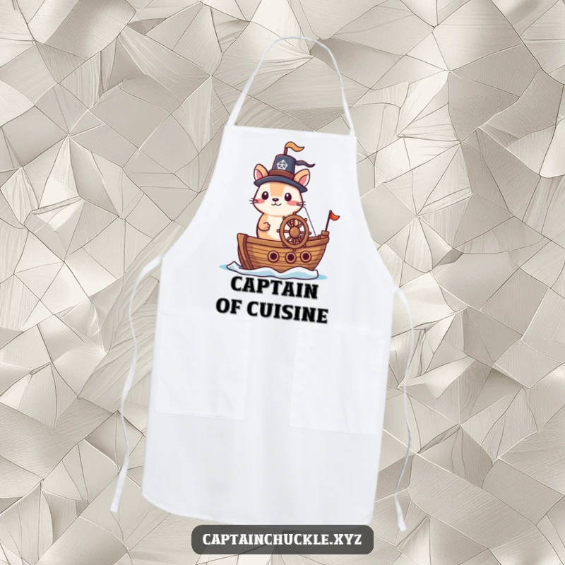 Funny apron depicting a small animal in a jaunty hat at the helm of a tiny ship, ready for kitchen voyages.
