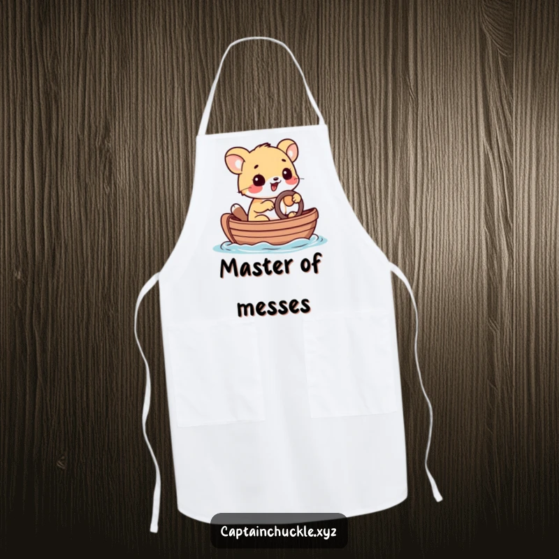 Funny apron with a playful small animal steering a tiny rowboat with a determined grin, perfect for kitchen adventures.