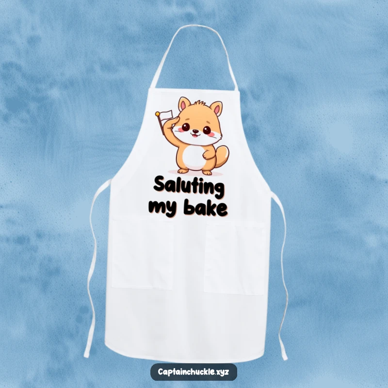 Funny apron depicting a confident small animal saluting a tiny, crisp flag, perfect for kitchen duty.