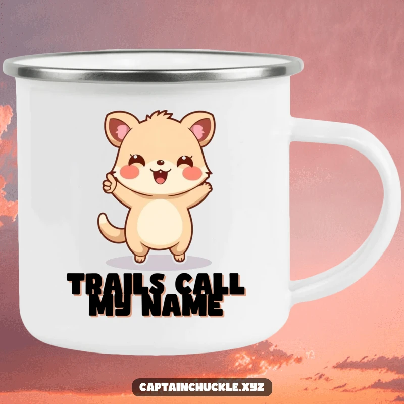 Funny camping mug with a cheerful small animal enthusiastically pointing forward on a map, perfect for outdoor adventures and trail guides.