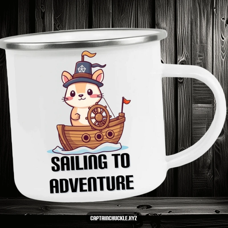 Funny camping mug with a small animal in a jaunty hat at the helm of a tiny ship, perfect for outdoor trips.