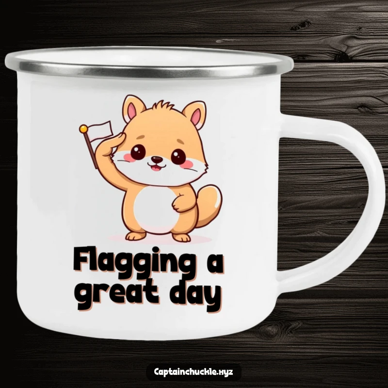 Funny camping mug with a confident small animal saluting a tiny, crisp flag, perfect for proud campers.