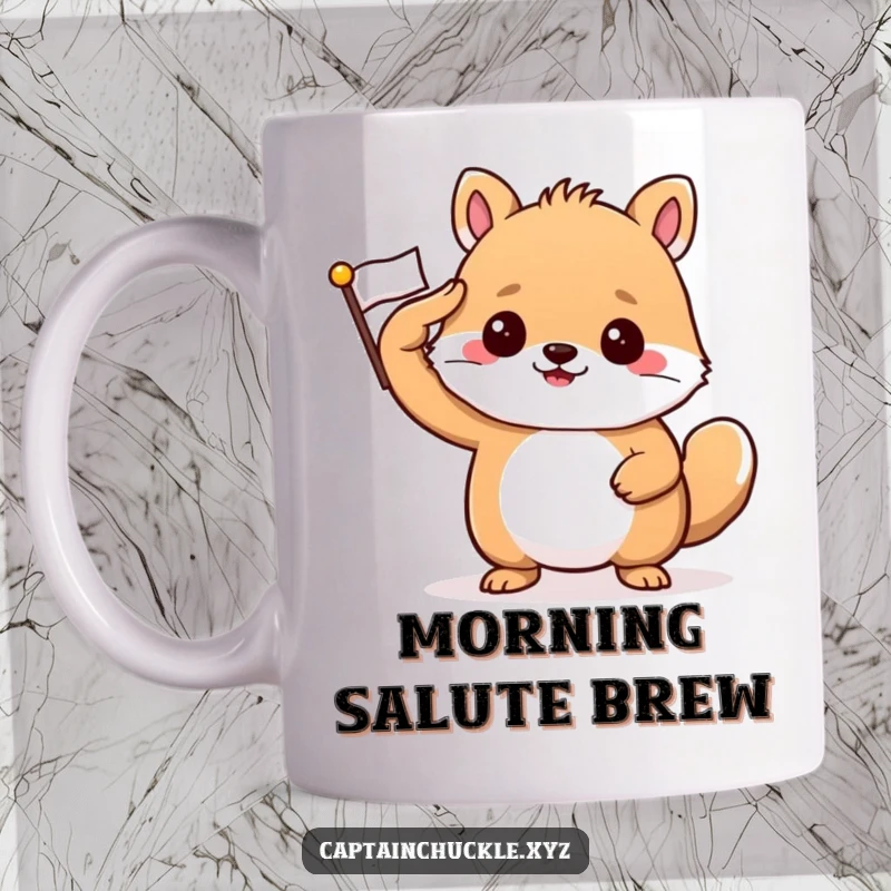 Funny mug with a confident small animal giving a crisp salute while holding a tiny, crisp flag.