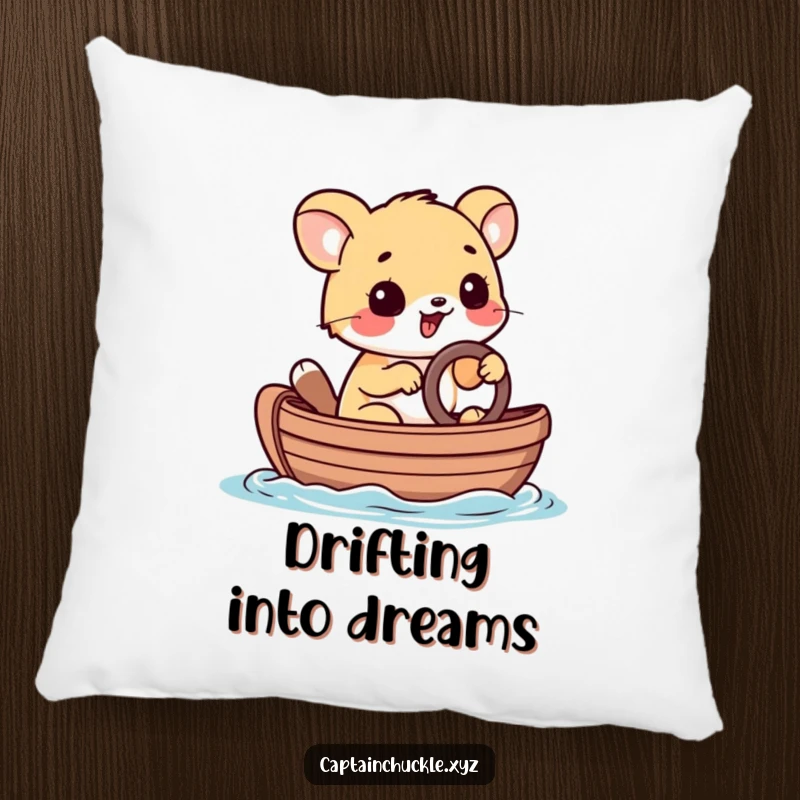 Funny pillow featuring a playful small animal steering a tiny rowboat with a determined grin, offering comfort and adventure.