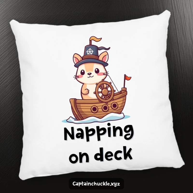Funny pillow with a small, brave animal wearing a jaunty hat at the helm of a tiny ship, perfect for nautical dreams.