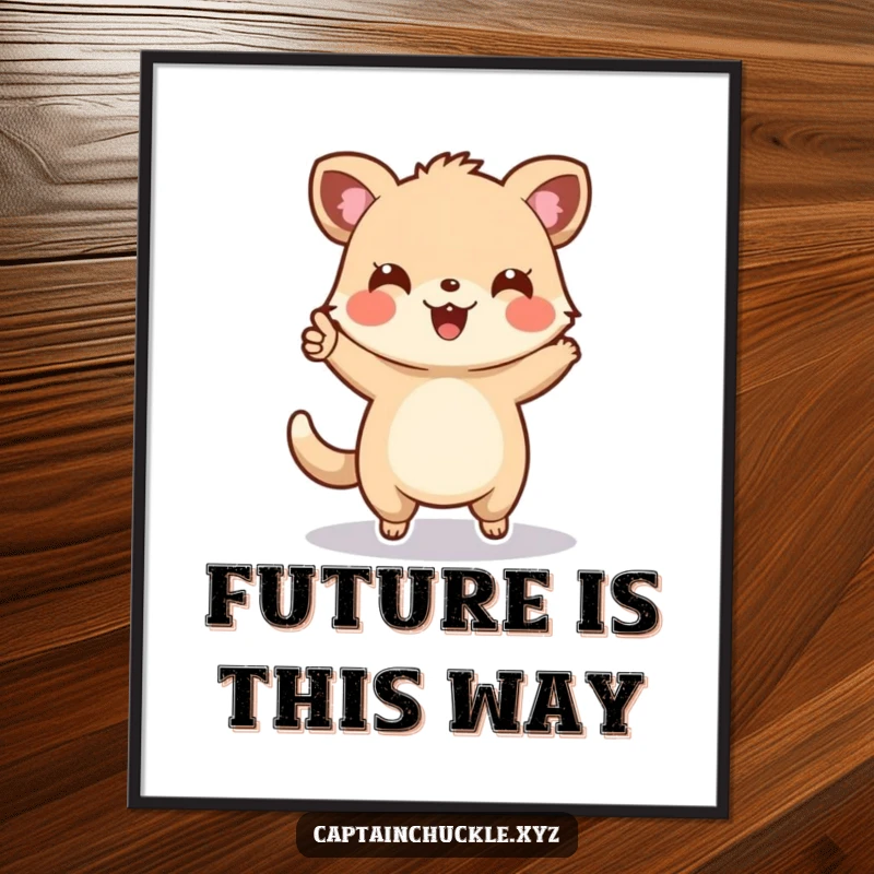 Funny digital art print of a cheerful small animal enthusiastically pointing forward on a map, symbolizing adventure and playful guidance.