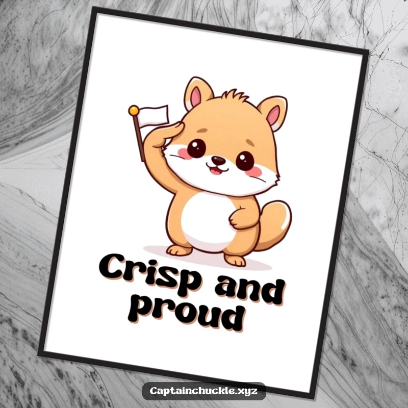 Funny digital art print of a confident small animal giving a crisp salute with a tiny, crisp flag, symbolizing patriotism.