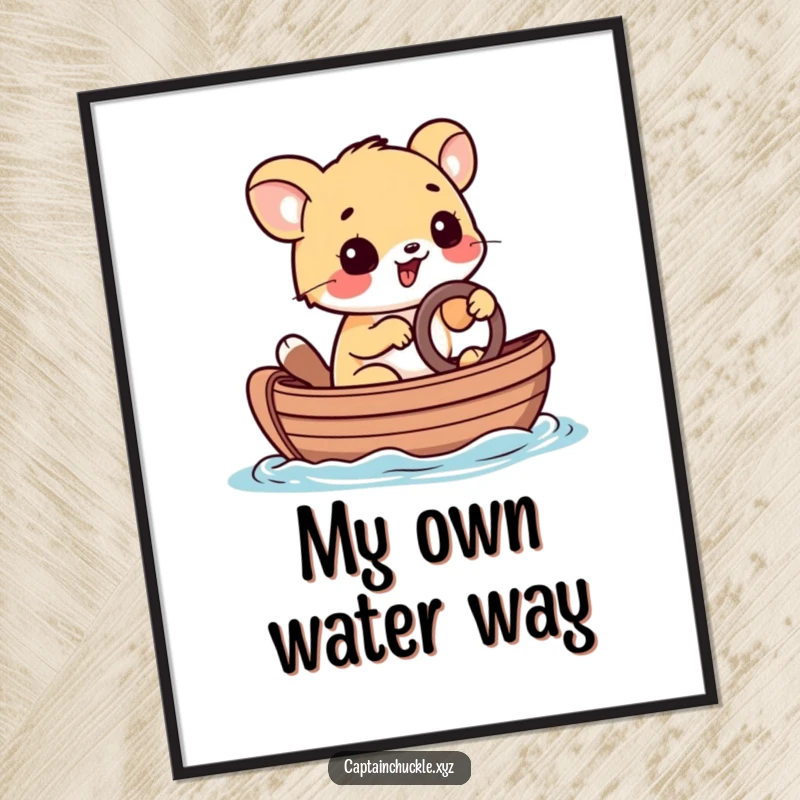 Funny digital art print of a playful small animal steering a tiny rowboat with a determined grin, symbolizing adventure and perseverance.
