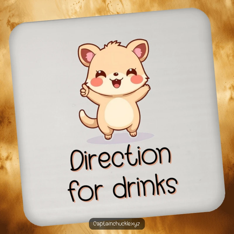 Funny drink coaster featuring a cheerful small animal enthusiastically pointing forward on a map, protecting surfaces with a smile.