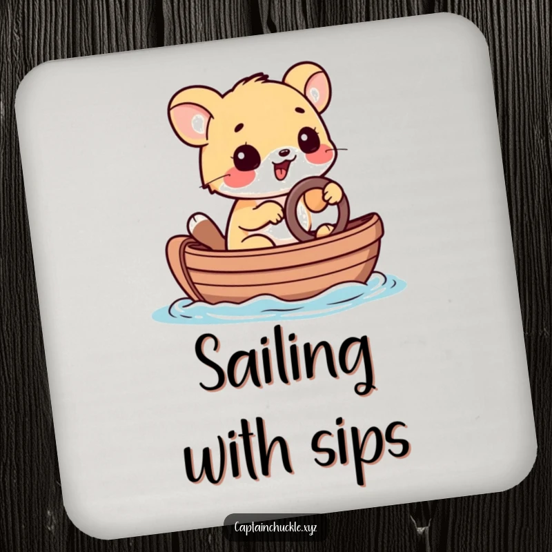 Funny drink coaster featuring a playful small animal steering a tiny rowboat with a determined grin, protecting surfaces with humor.