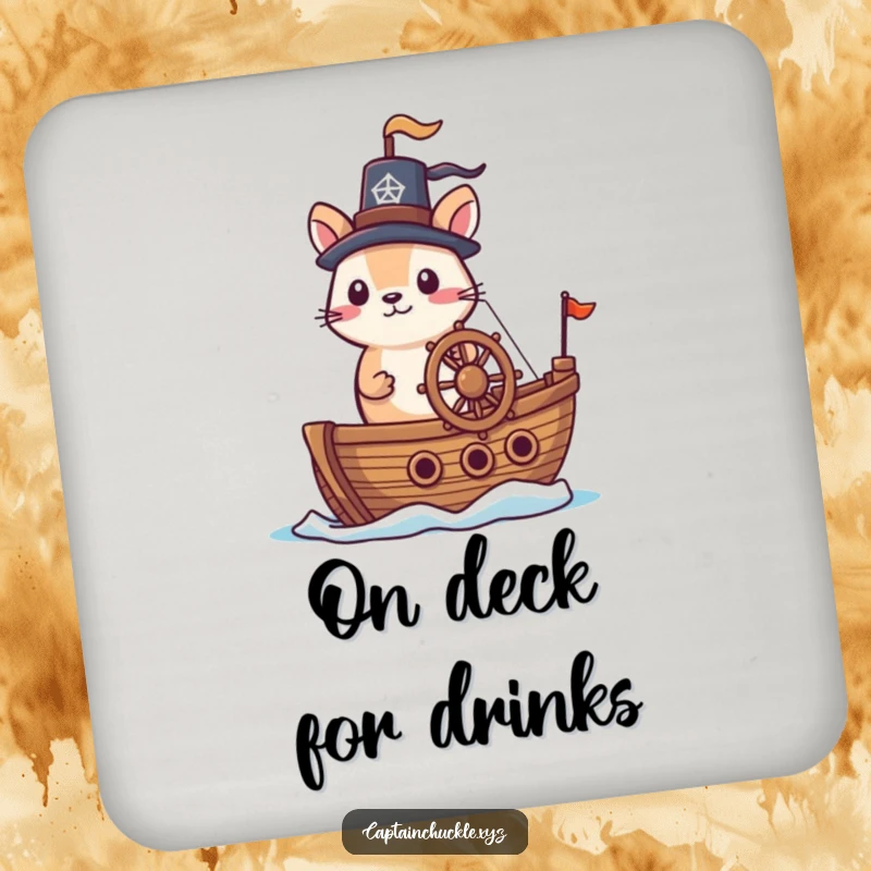 Funny coasters set with a small animal in a jaunty hat at the helm of a tiny ship, perfect for nautical themes.
