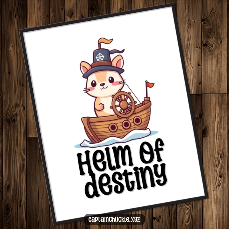 Funny poster artwork of a small, brave animal in a jaunty hat commanding a tiny ship, evoking adventure.