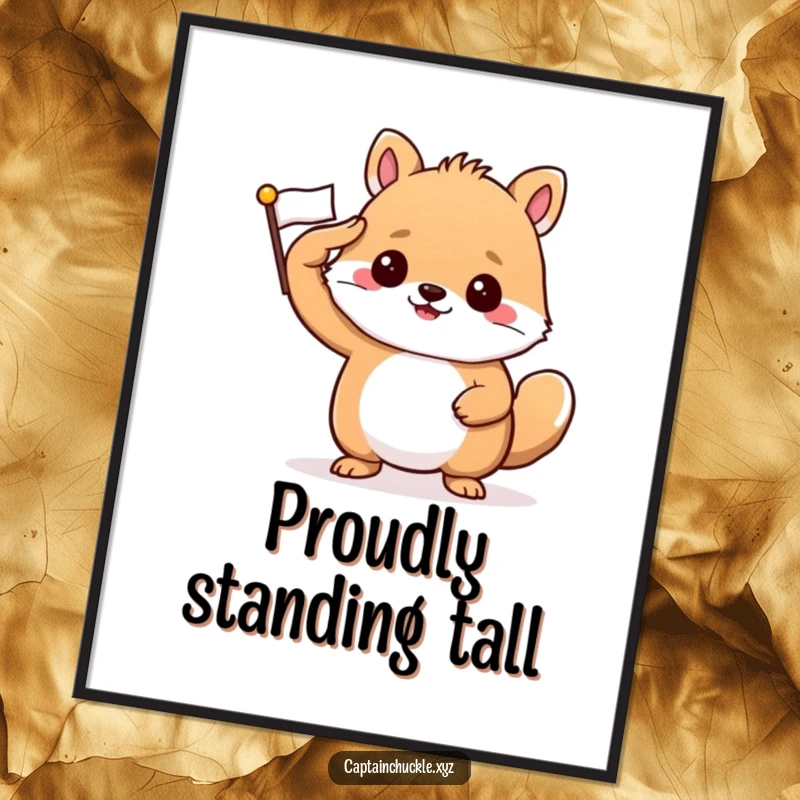 Funny poster artwork of a confident small animal giving a crisp salute with a tiny, crisp flag held high.