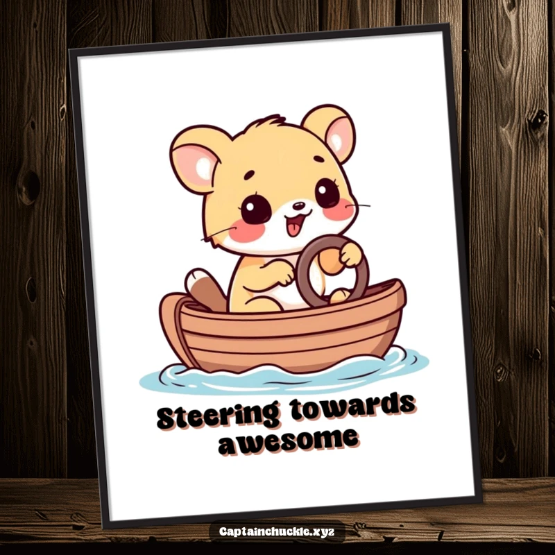 Funny poster of a playful small animal steering a tiny rowboat with a determined grin, evoking bravery and nautical fun.