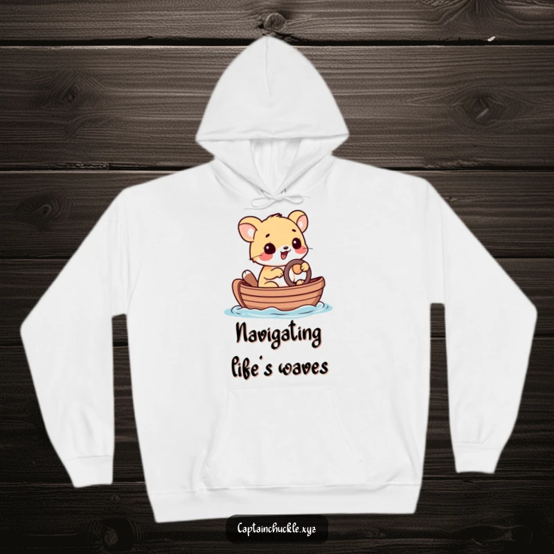 Funny hoodie featuring a playful small animal steering a tiny rowboat with a determined grin, symbolizing adventurous spirit and resolve.