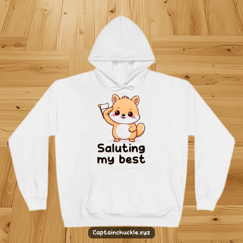 Funny hoodie with a confident small animal saluting a tiny, crisp flag, symbolizing national pride.
