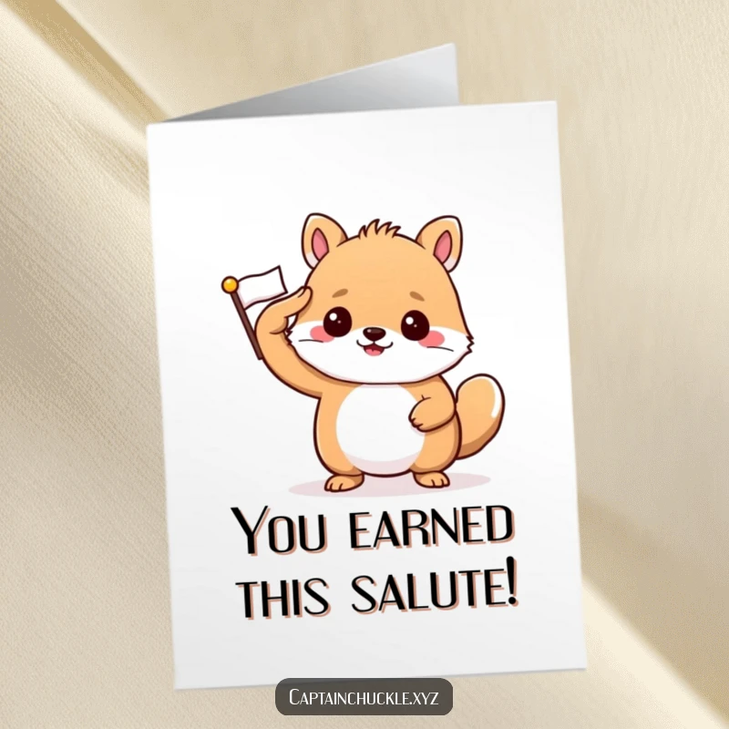 Funny Free Printable Congratulations Card showing a confident small animal saluting smartly with a tiny, crisp flag, celebrating a win.