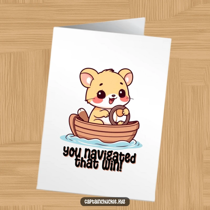 Funny Free Printable Congratulations Card: Playful animal steering a tiny rowboat with a determined grin, celebrating victory.