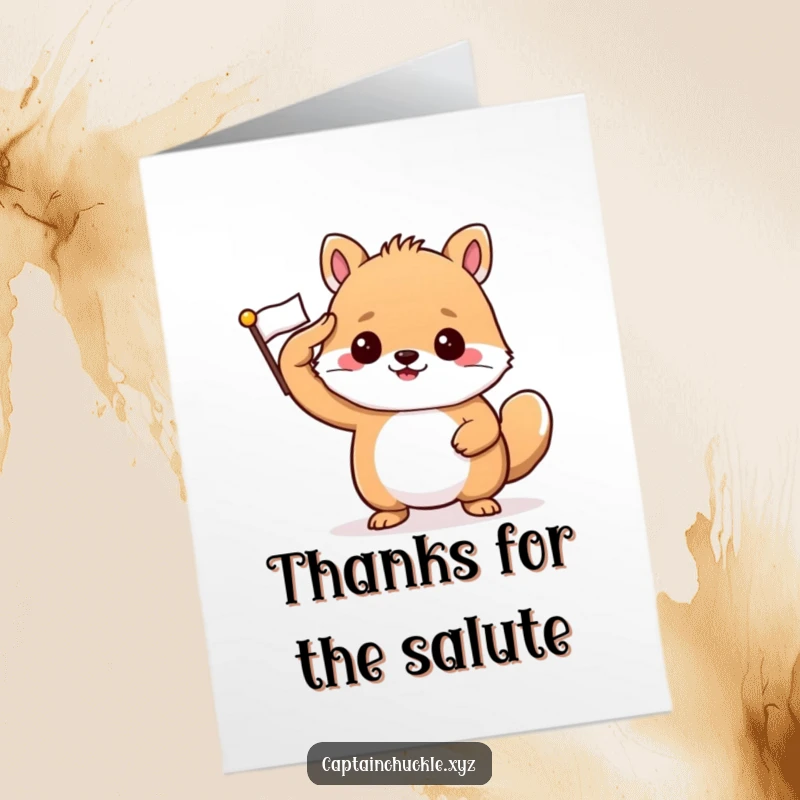 Funny Free Printable Thank You Card featuring a confident small animal saluting with a tiny flag, conveying sincere gratitude.