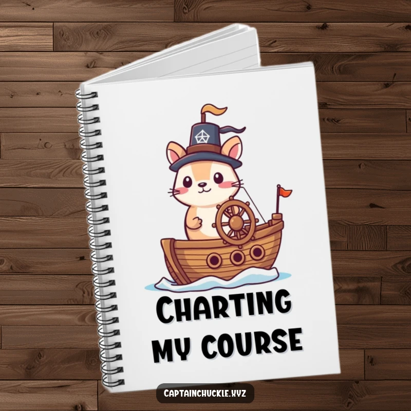 Funny notebook cover with a small, brave animal wearing a jaunty hat at the helm of a tiny ship, for captain's logs.
