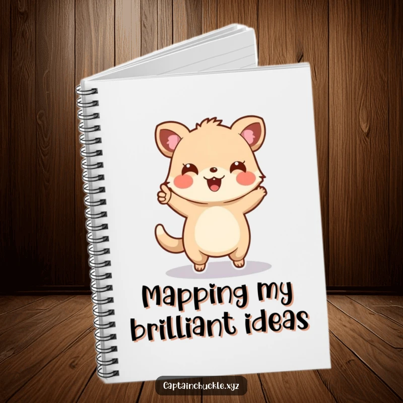 Funny notebook with a cheerful small animal enthusiastically pointing forward on a map, ideal for planning adventures and creative ideas.