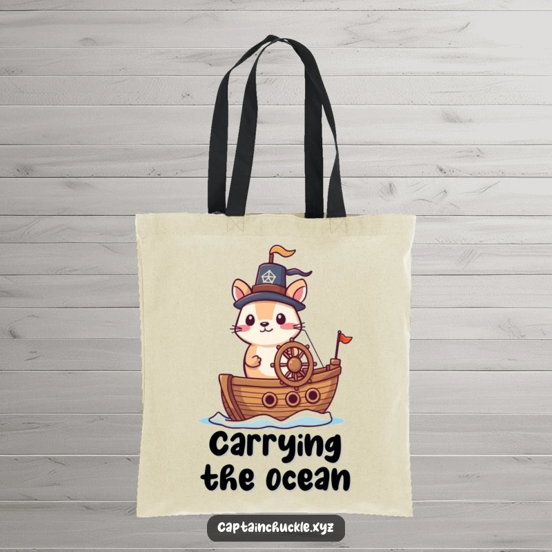 Funny tote bag with a small animal in a jaunty hat at the helm of a tiny ship, perfect for voyages.