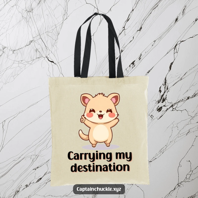 Funny tote bag featuring a cheerful small animal enthusiastically pointing forward on a map, perfect for carrying adventure essentials.