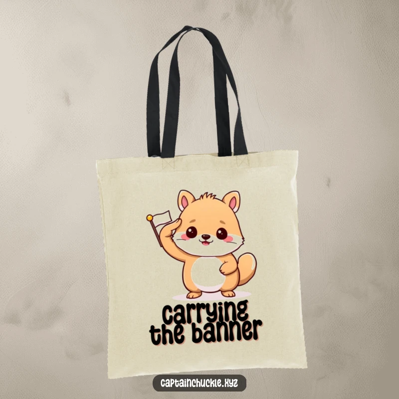 Funny tote bag with a confident small animal saluting a tiny, crisp flag, perfect for carrying essentials.